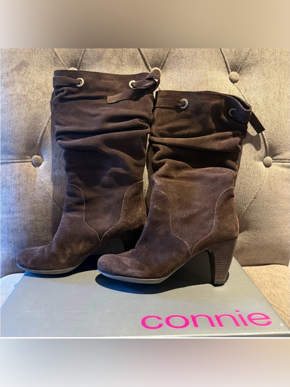 Connie Chloe Brown Suede Slouchy High Heel Boots Mid Calf Box Size 10M
